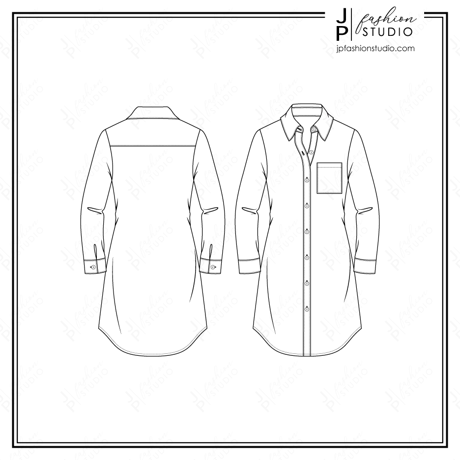 Women's Shirt Dress Fashion Flat Sketch, Blouse Sketch, fashion croquis, CAD Design, Fashion Technical Drawings, Fashion Templates, Adobe Illustrator Flat Drawings, Flat Sketches, Technical Drawings, Dress Sketches, Fashion Illustration Portfolio, Fashion Illustration Dresses, Fashion Portfolio, Shirt Sketch, Shirt Drawing