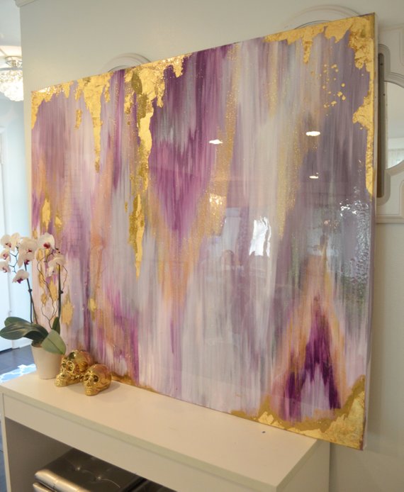 Sold !! Large Acrylic Abstract Art Large Canvas Painting Gray, Silver, Large painting, Glitter with Resin Coat 48 “x 60” Large real gold leaf