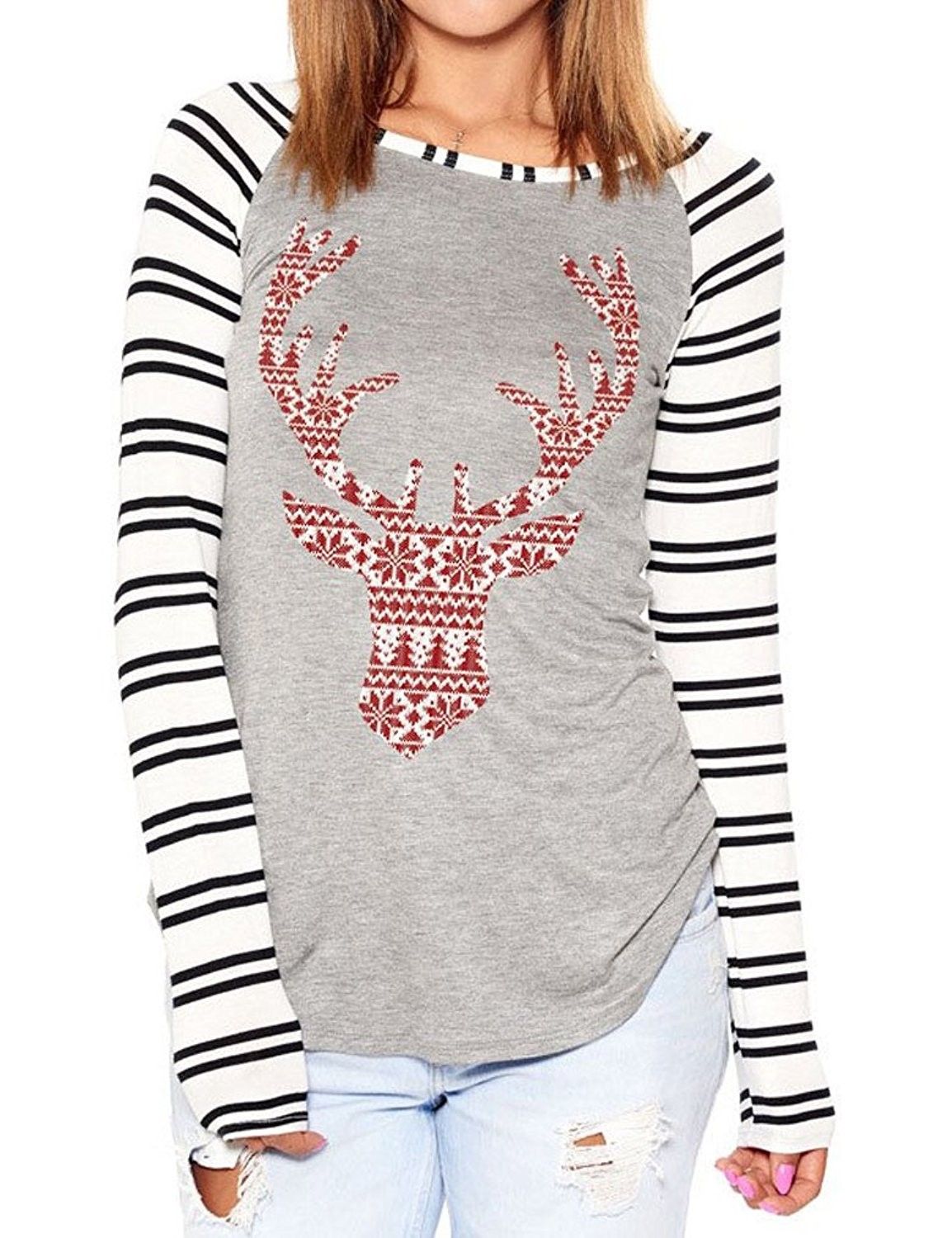 Merry Christmas Tops Ladies Xmas Elk Printed Tee Shirts Raglan Long Sleeve Pullover Blouse