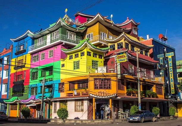 Hostal Marabú, Santa Cruz de la Sierra, Bolivia — by Bastien Poux. Chinese bolivian style hotel Bolivia Peru, Bolivia Travel, Ecuador, Colourful Buildings, Beautiful Buildings, Unusual Buildings, South America Travel, Travel South, Alberta Canada