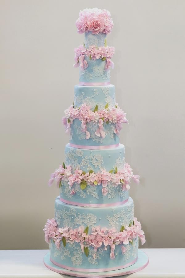 Duck Egg Blue Lace Wedding Cake With Pink Sugar Flowers By Duck Egg Blue Lace Wedding Cake With Pink Sugar Flowers By Elizabeth S Emporium