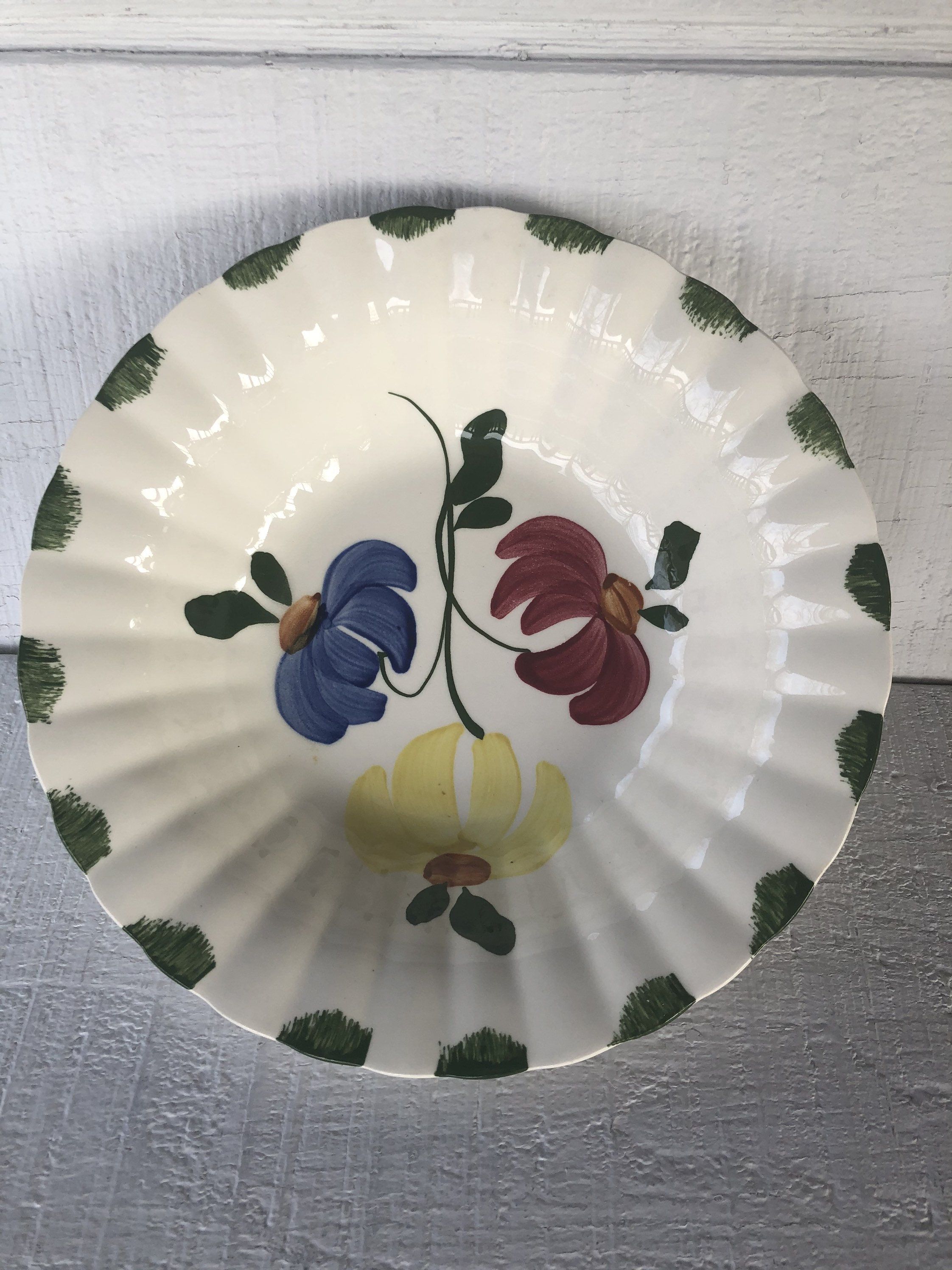 Vintage Blue Ridge Pottery Serving Bowl; Pink /& Black Flowers Blue