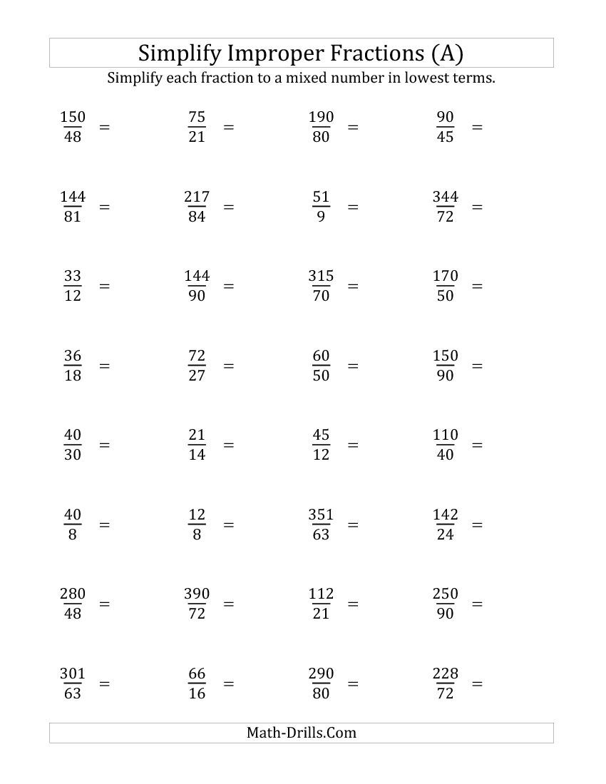 Worksheets Improper Fractions Worksheets simplify improper fractions to lowest terms harder version a a
