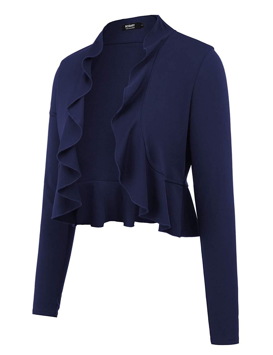 bosbary Womens Open Front Cropped Cardigan Long Sleeve Casual Shrugs Jacket Draped Ruffles Lightweight Sweaters
