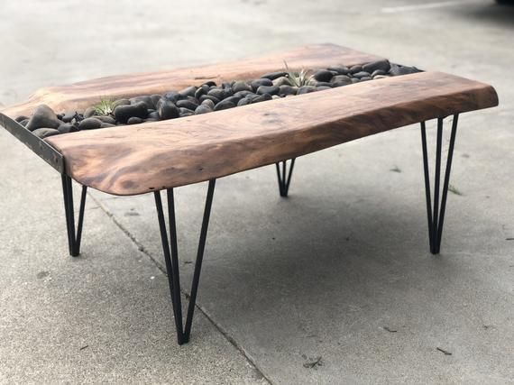 Walnut coffee table with River Rock garden #riverrockgardens