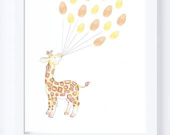 Baby shower Keepsake art, Rabbit holding thumb/fingerprint balloons, Baby shower activity, nursery art, baby decor,custom art A4or8x10ir