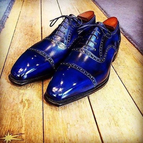 Men Oxford Shiny Blue Color Rounded Cap Toe Patent Genuine Leather Lace ...