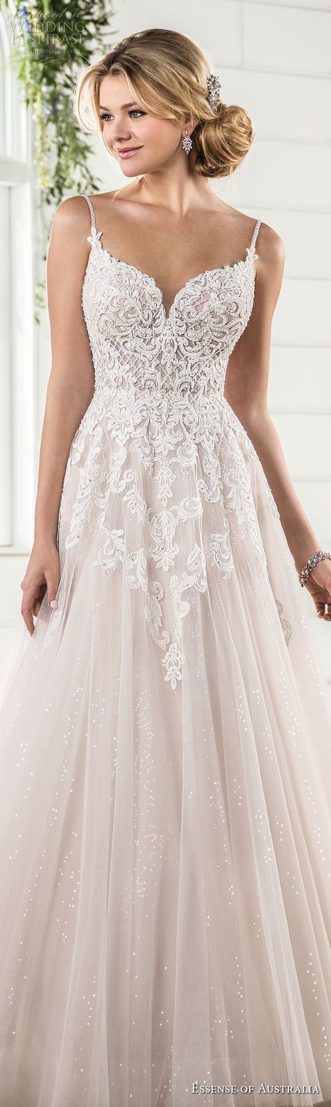 essense australia fall 2017 bridal spaghetti strap sweetheart neckline heavily embellished bodice romantic blush color a line wedding dress open scoop back sweep train (63) lv -- Essense of Australia Fall 2017 Wedding Dresses Wedding Dresses 2017, Dream Wedding Dresses, Wedding Dresses Vintage, Bridal Dresses, Lace Wedding, Wedding Dresses Lace, 2017 Wedding, Dress Lace, Wedding Ceremony