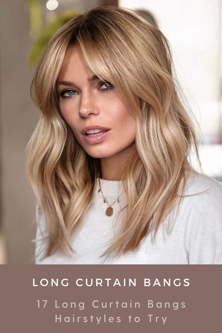 Looking great when paired with both long tresses and shorter hair, long curtain bangs are definitely worth considering if you crave a major change with minimum commitment. Ready to get inspired? Bangs With Medium Hair, Medium Length Hair Styles, Short Hair Styles, Style Short Hair, Blonde Hair Cuts Medium, Long Layered Hair, Long Hair Cuts, Women Hair Cuts, Mid Length Blonde Hair
