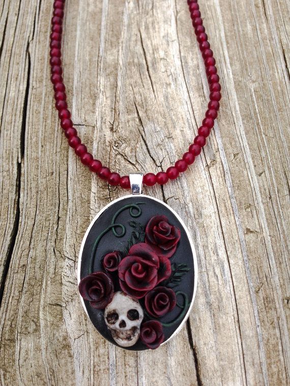 Gothic Roses and Skull Pendant Necklace Polymer Clay Hand Sculpted on Velveteen Cord