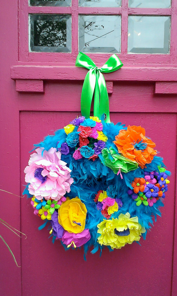 fiesta wreath turquoise wreath feather wreath mexican mexican paper flower garland