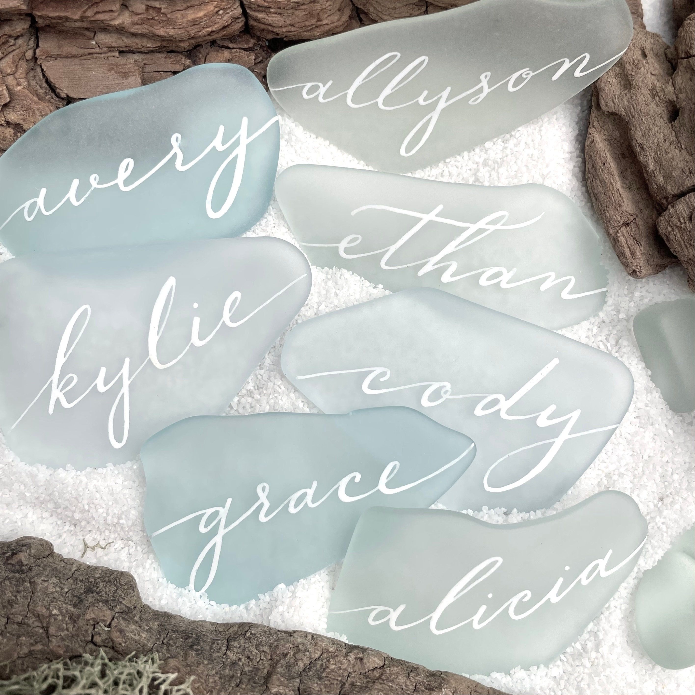 "Deposit listing for Gabby ------------------------------------ IN HAND BY JANUARY 20 (Wedding is February 4) To be scheduled for 1-11 ------------------------------------ * 150 sea glass place cards (BOTTLE) * LARGE size * NON-tinted (natural pale color mix) * TRADITIONAL script (all lower case letters=) * WHITE ink * ONLY 1st names ---------------------------------- 20 3\" round table signs (including stands) ---------------------------------- 150 x $3.00$450. signs 1-9 @ $11 each..$99. 10 - 2 Wedding Places, Wedding Place Cards, Our Wedding, Wedding Inspo, Perfect Wedding, Wedding Inspiration, Wedding Favors, Wedding Decorations, Wedding Bouquet
