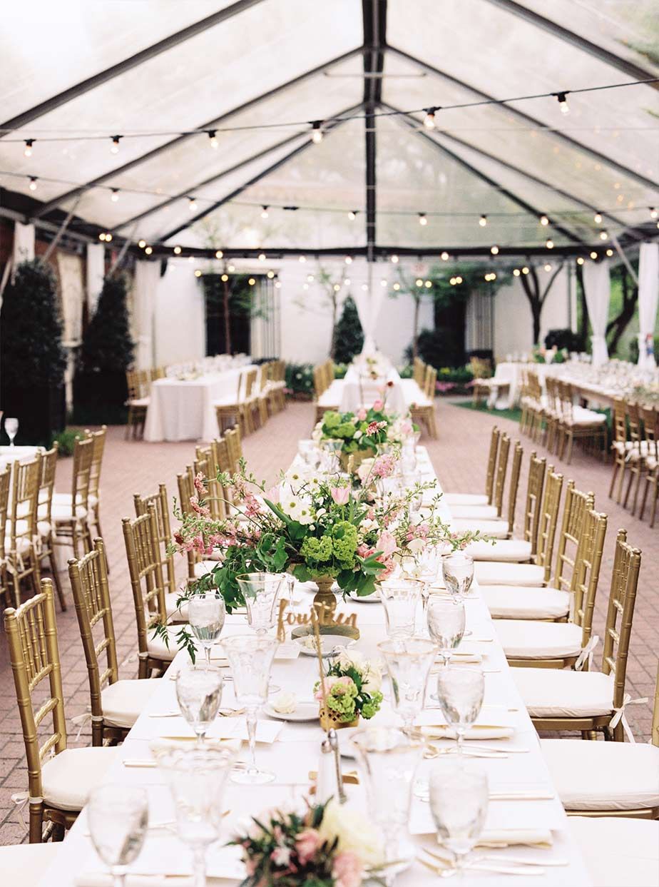 Long Wedding Reception Table Detail With Cafe Lighting And Clear Long Wedding Reception Table Detail With Cafe Lighting And Clear Tent At The Lyer House