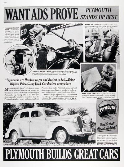 1938 Plymouth Sedan Original Vintage Adver Want Ads Prove 1938 Plymouth Sedan Original Vintage Adver Want Ads Prove Stands Up Best With Permanent Quietness Floating Engine Mountings