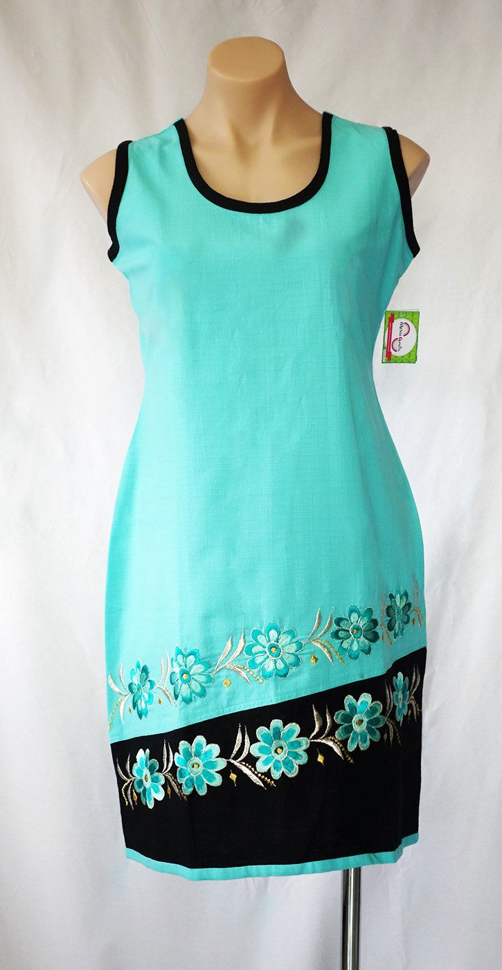 Mexican Dress Aqua with Black Floral Embroidered