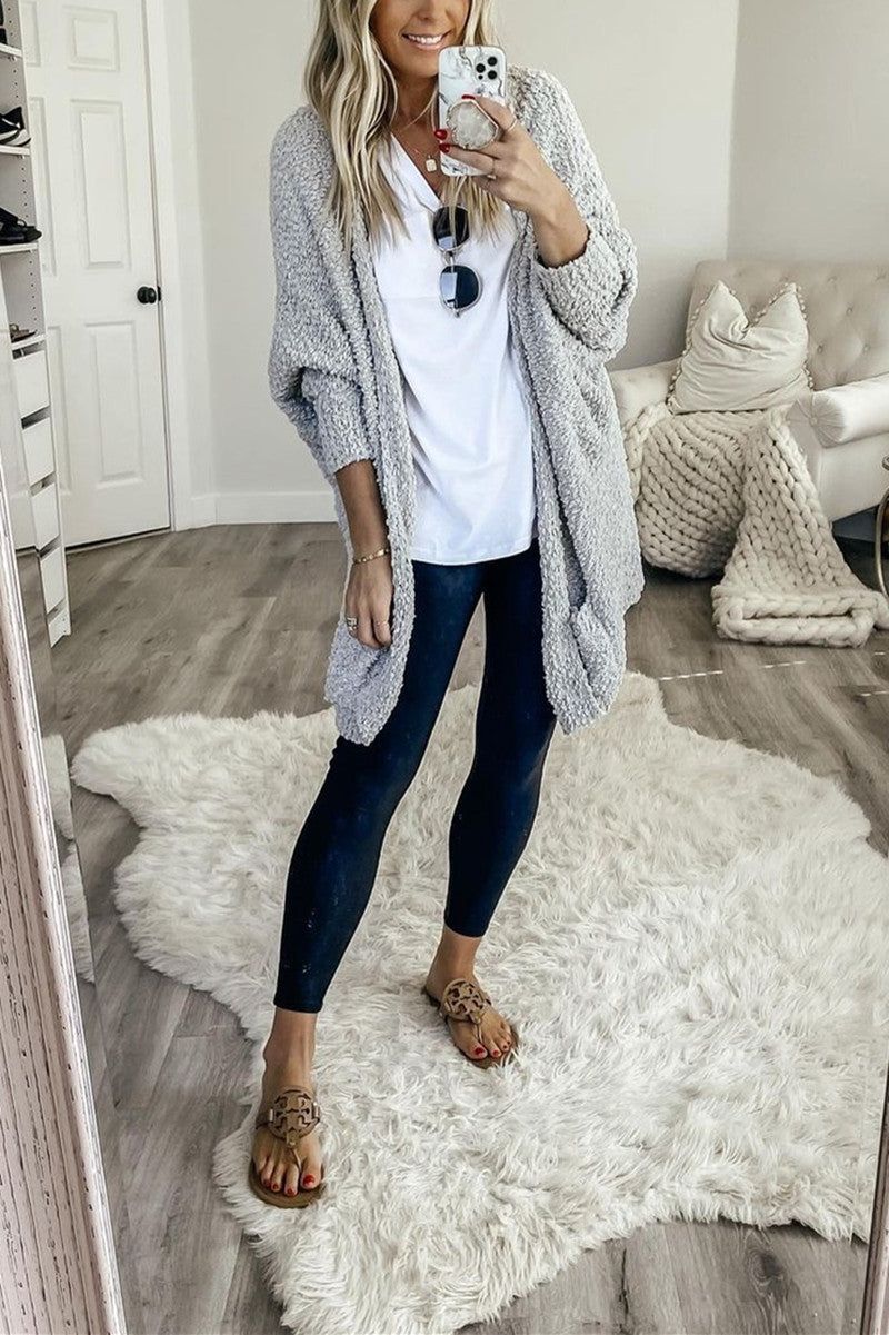 Casual Daily Solid Cardigan Cardigan Collar Tops - Grey / L