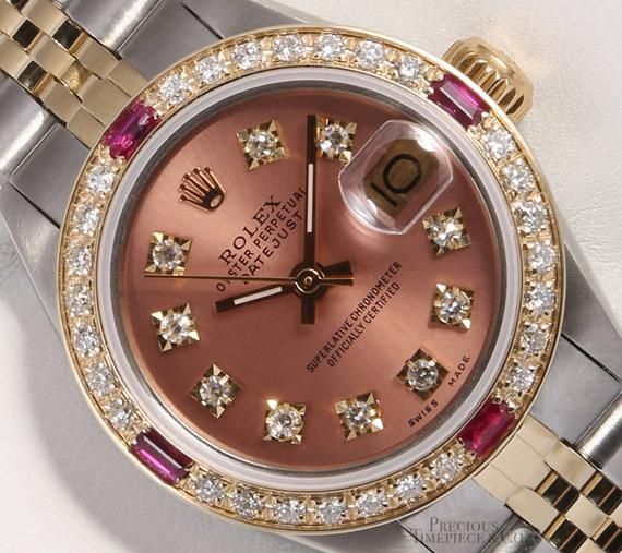 Rolex Ladies Datejust 26mm Two Tone 18k-Salmon Diamond Dial-Ruby Diamond Bezel #rolexwatches