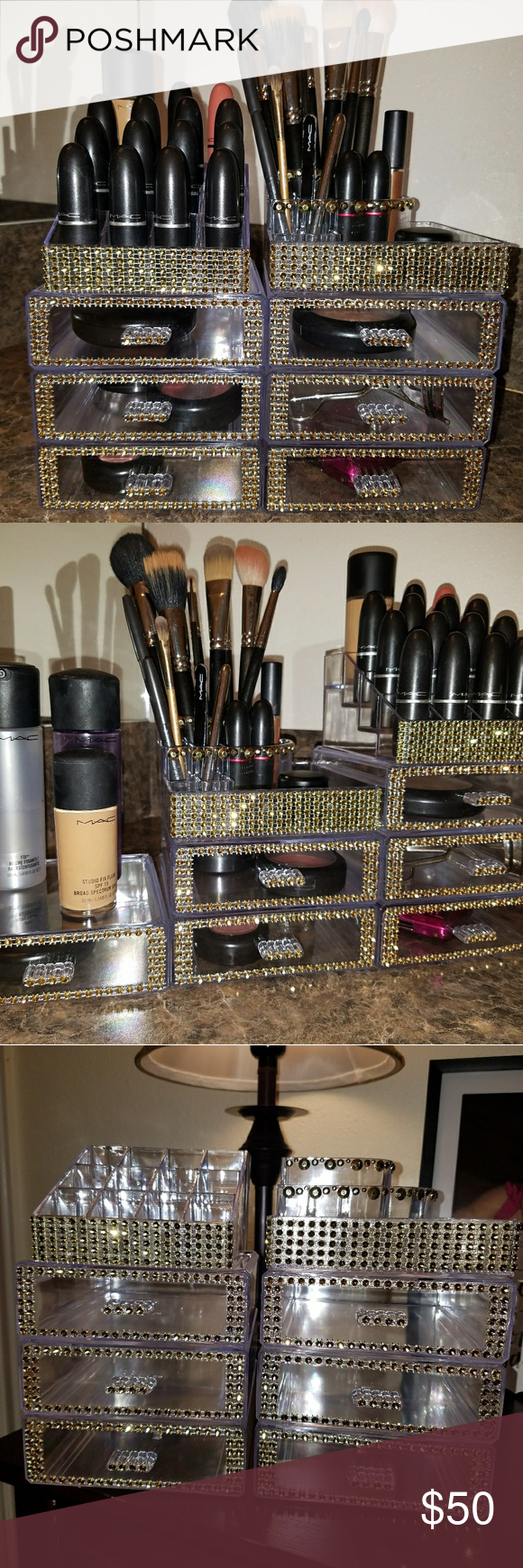 Makeup Organizer 8pc Gold Detachable Acrylic Organizer 6 ▪ Small storage drawers measures 5×5×1.75 each 1 ▪ Brush holder/ miscellaneous 1 ▪ 12 slot compartments *makeup used in pictures are for model purposes only. Makeup Brushes & Tools Sewing Tools Organizer, Hanging Makeup Organizer, Acrylic Organizer Makeup, Makeup Storage Drawers, Makeup Drawer Organization, Organization Ideas, Organizing, Makeup Hacks Eyeliner, Makeup Brushes