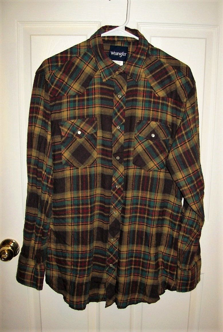 Vintage Mens Brown Plaid Snap Front Western Flannel Shirt by Wrangler ...