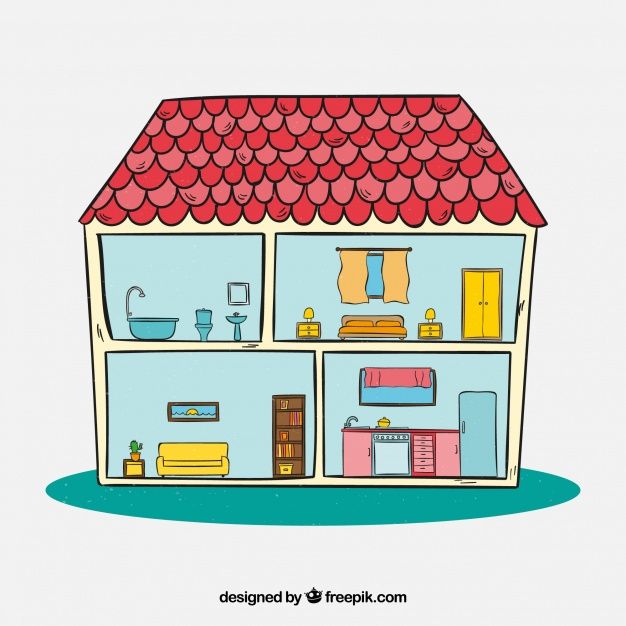 Interior view of hand drawn house Free Vector Five Senses Preschool, House Cartoon, Little White House, Calligraphy Wall Art, Toy House, Fun Illustration, House Drawing, Happy Paintings, Logo Collection
