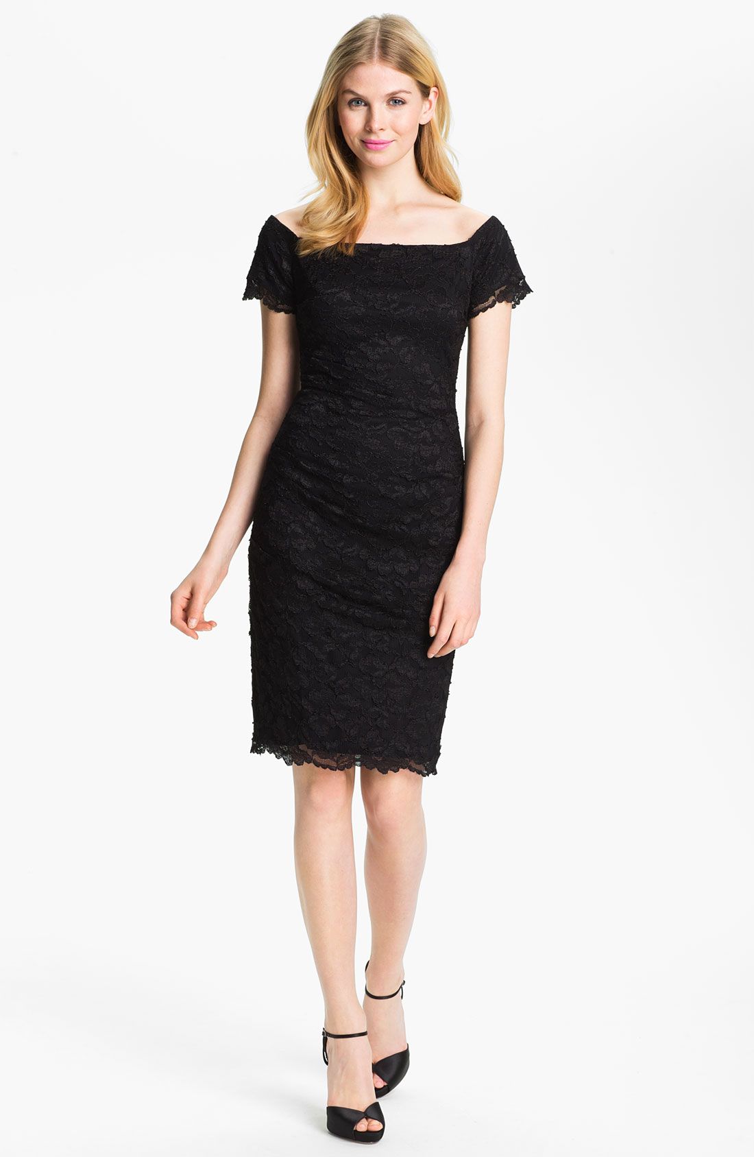 Betsy adam black square neck lace overlay sheath dress lyst