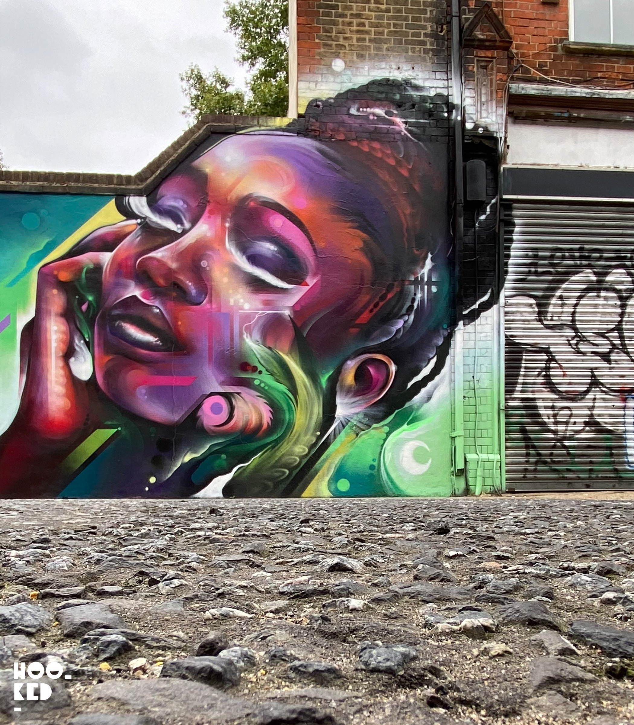 London street art graffiti artist Mr.Cenz futuristic Brick Lane street art mural is located on Fashion street in East London. #streetart Graffiti Artwork, Graffiti Artist, Street Mural, Street Art Graffiti, French Street, Sand Sculptures, Brick Lane, London Street, Outdoor Art