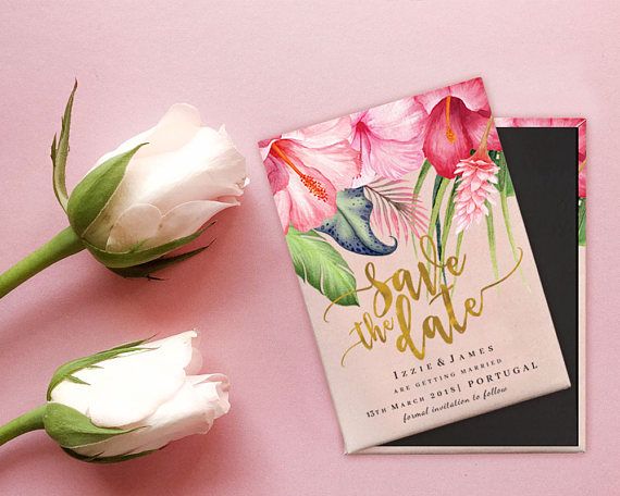 Destination Wedding Save The Date Magnet Blush Pink And Gold Destination Wedding Save The Date Magnet Blush Pink And Gold Tropical Flowers