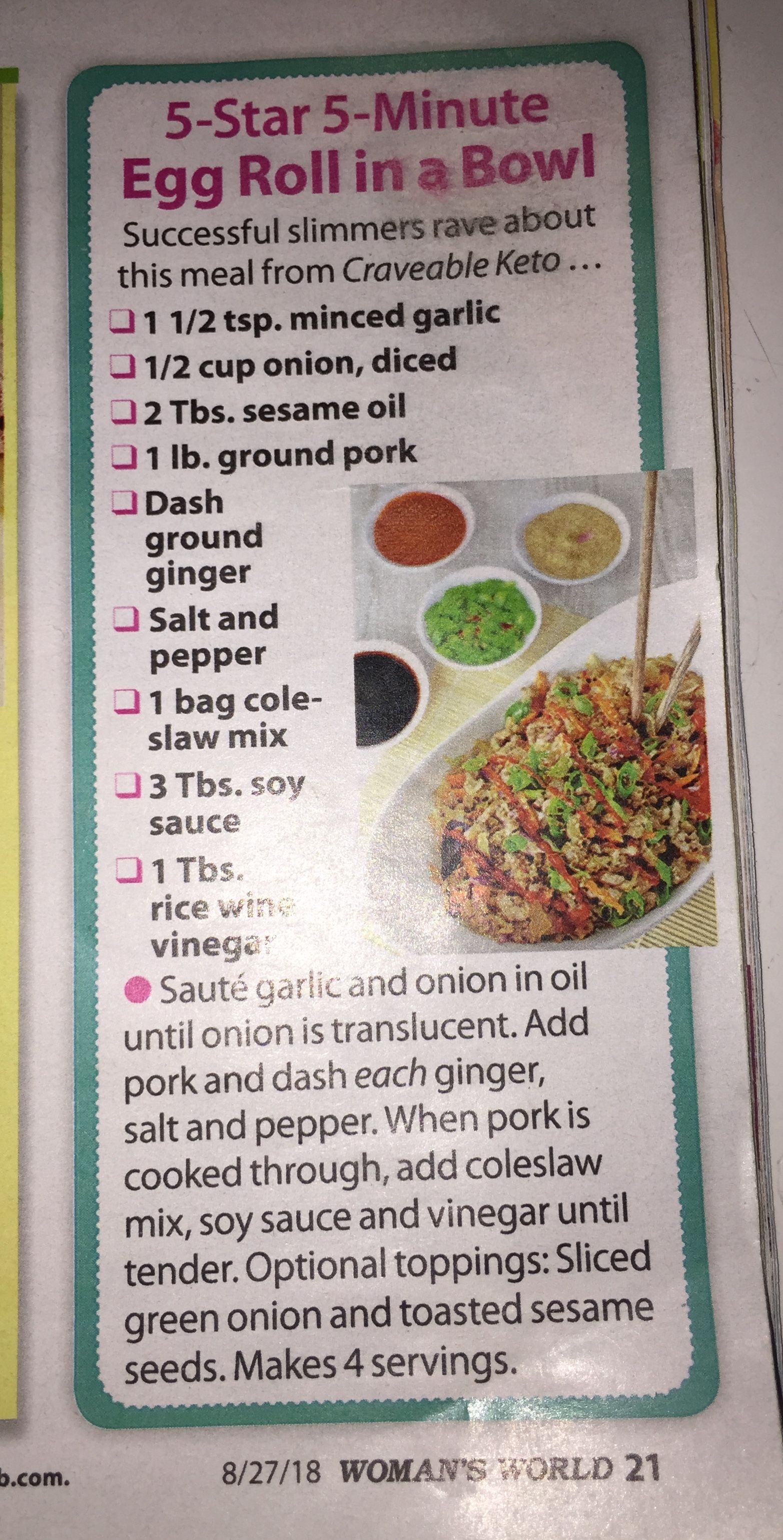 Egg roll in a bowl Egg rolls, Coleslaw mix, Ground pork Egg roll in a bowl Egg rolls, Coleslaw mix, Ground pork