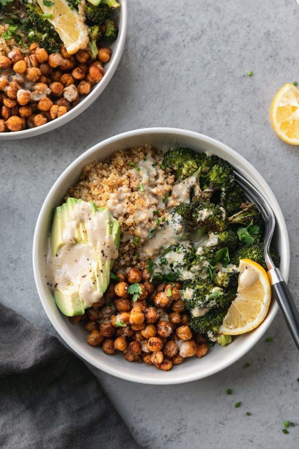 Crispy Quinoa Chickpea Bowls with Roasted Broccoli and Meyer Lemon Tahini Sauce ...