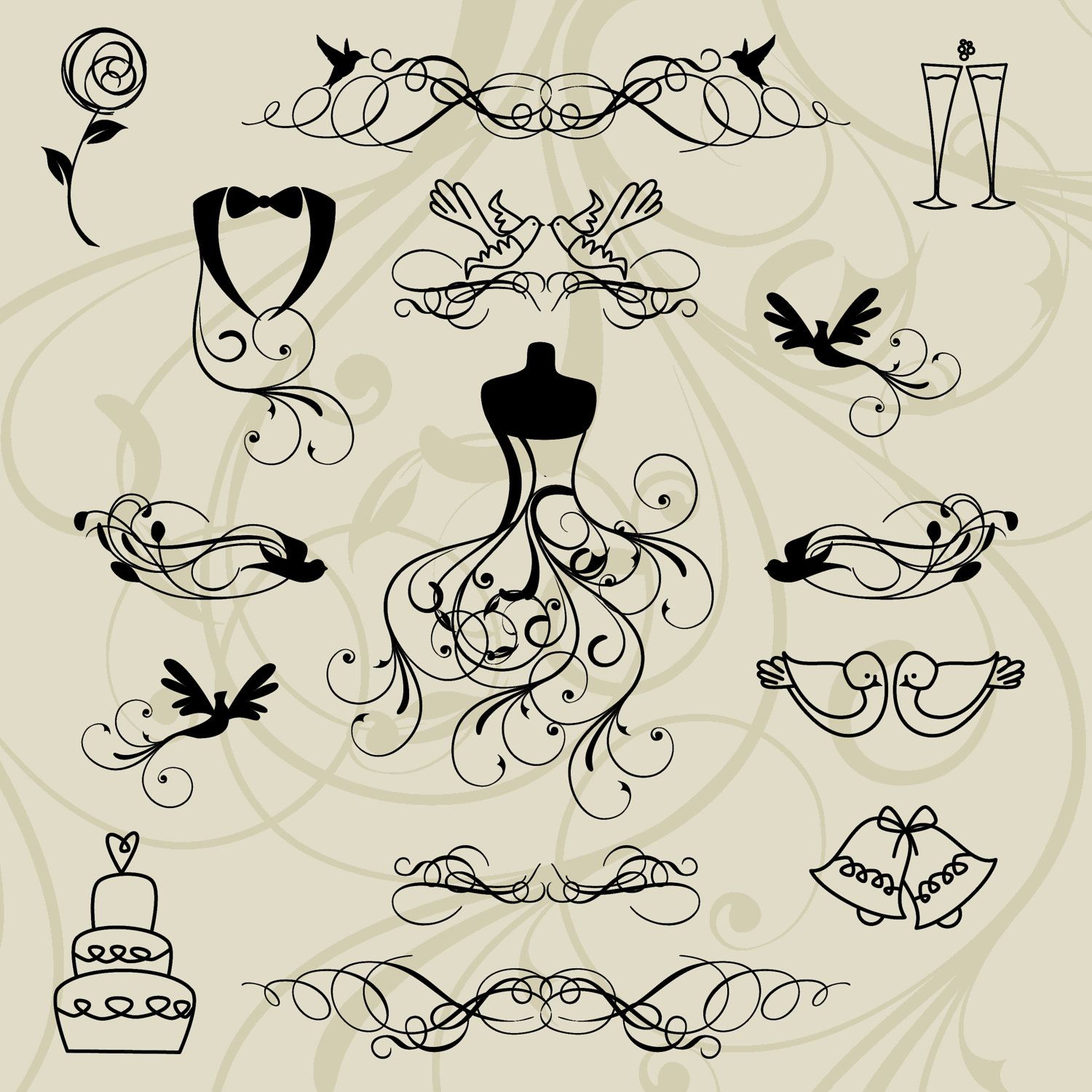Commercial and Personal Hand Drawn Wedding Photoshop Brushes Wedding Silhouettes Photoshop Brushes