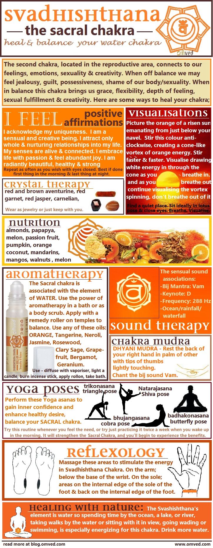 10 ways to Heal & Balance your chakras - There are many ways one can begin to balance their Sacral Chakra. Here are several useful methods, including aromatherapy, visualisations, affirmations, mudra, yoga poses, nutrition, reflexology color, nature and sound therapy! Chakra 2, Second Chakra, Chakra Chart, Chakra Crystals, Root Chakra, Holistic Healing, Reiki Healing, Energy Healing, Natural Healing