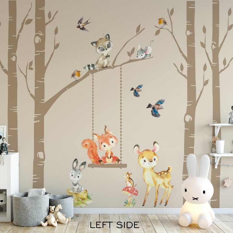 Wald Kinderzimmer Dekor 4 Birken Wald Tiere Fuchs Hirsch Waschbär Hase Wand Aufkleber Neutral boy Mädchen Baby Zimmer