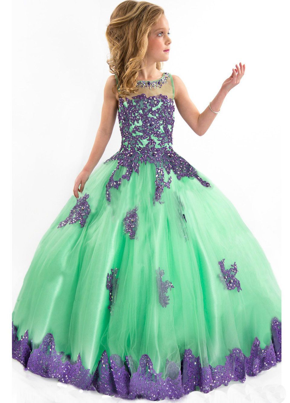 Beaded Tulle Purple Applique Embroidery Girls Glitz Crystal