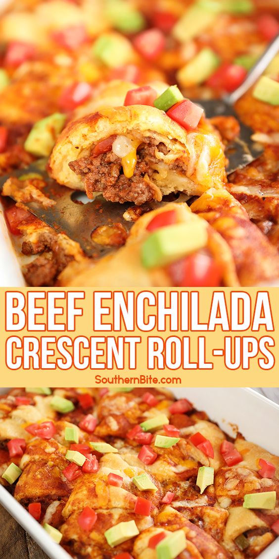 This recipe for my Beef Enchilada Crescent Roll-Ups is quick, easy, and only requires a few ingredients - making it the perfect recipe for a busy weeknight! Crescent Roll Recipes Dinner, Dinner Rolls Recipe, Dinner Recipes, Dinner Ideas, Fiesta Recipes, Mexican Food Recipes, Beef Enchiladas, Main Course Recipes, Easy Weeknight Meals
