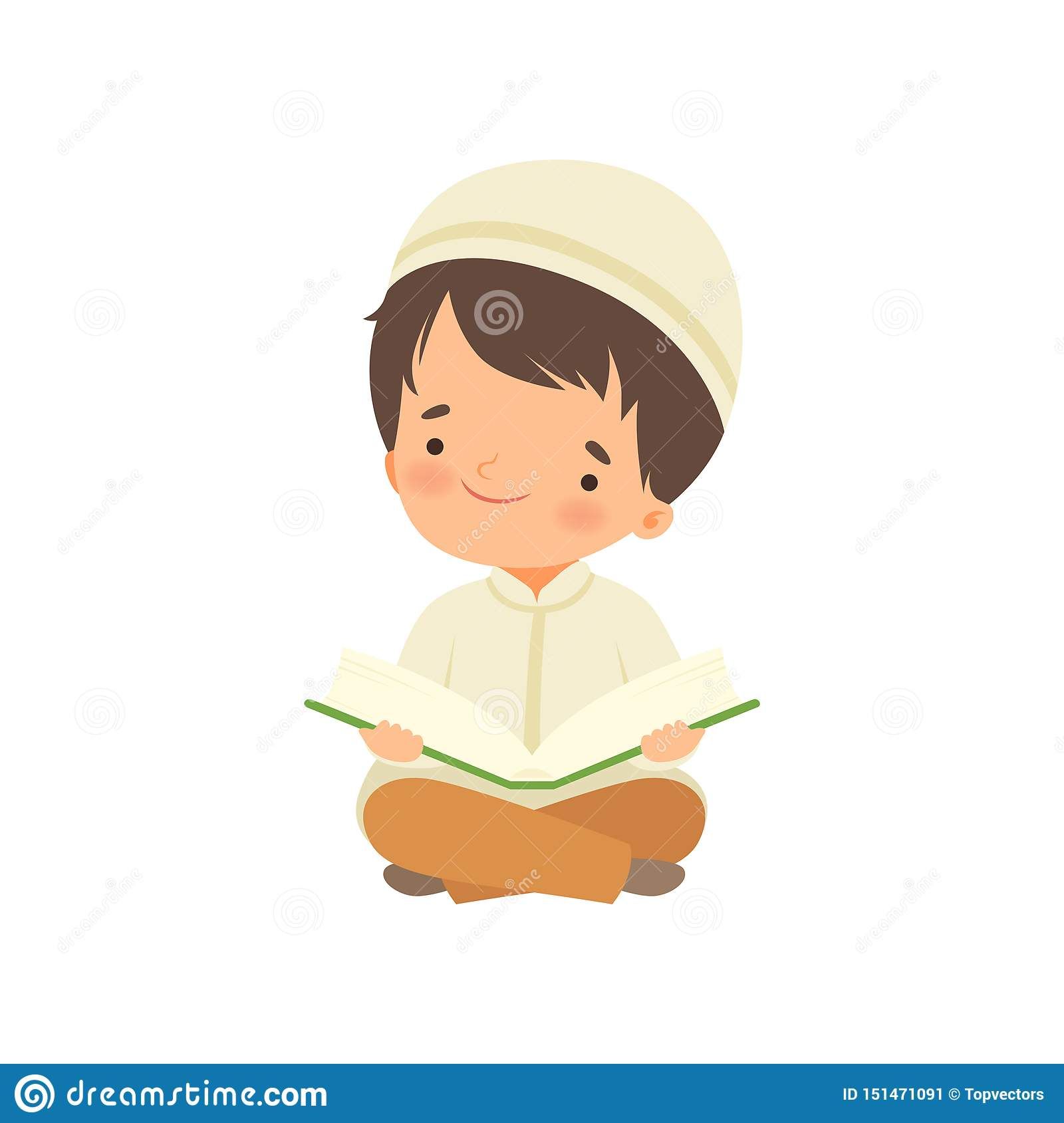 Muslim Boy Character Kneeling Down Praying And Reading Quran Cartoon muslim-boy-character-kneeling-down-praying-and-reading-quran-cartoon