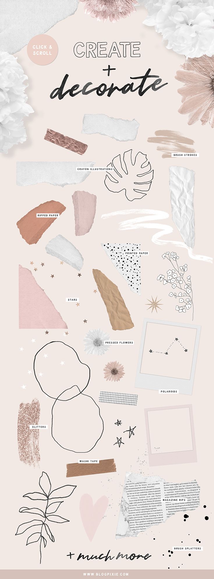 Collage art graphics + mood board inspiration. Creative decoration for digital collages, mixed media ideas, techniques and aesthetic. Find the Ambition Kit by Blog Pixie on Creative Market. #moodboards