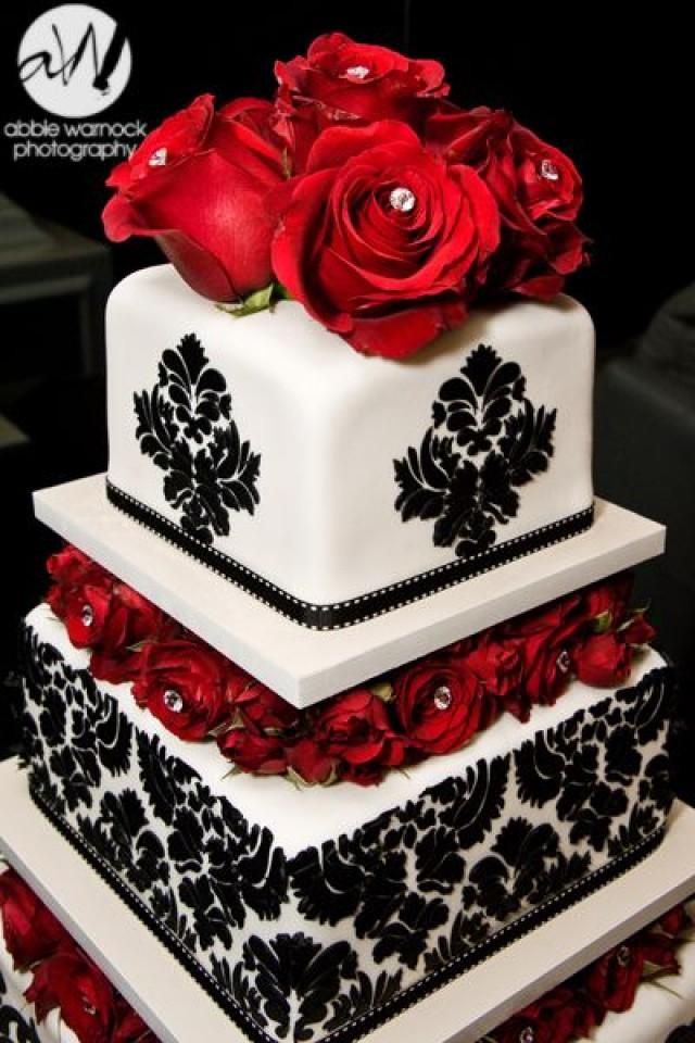 Wedding cake. wedding day details - ideas - black and white - red - cake - roses - damask - fondant - victorian print - photography by Abbie Warnock | Pinteres… Wedding cake. wedding day details - ideas - black and white - red - cake - roses - damask - fondant - victorian print - photography by Abbie Warnock