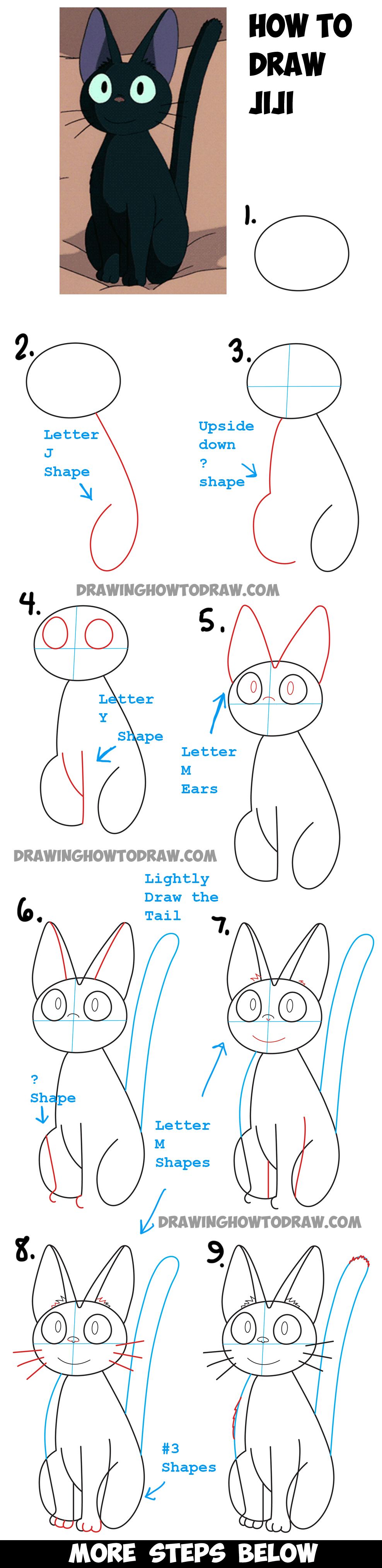 Learn How to Draw Jiji from Kiki's Delivery Service - Simple Steps Drawing Lesson Drawing Lessons, Drawing Techniques, Drawing Tips, Art Lessons, Drawing Ideas, Learn Drawing, Cat Drawing, Drawing For Kids, Painting & Drawing
