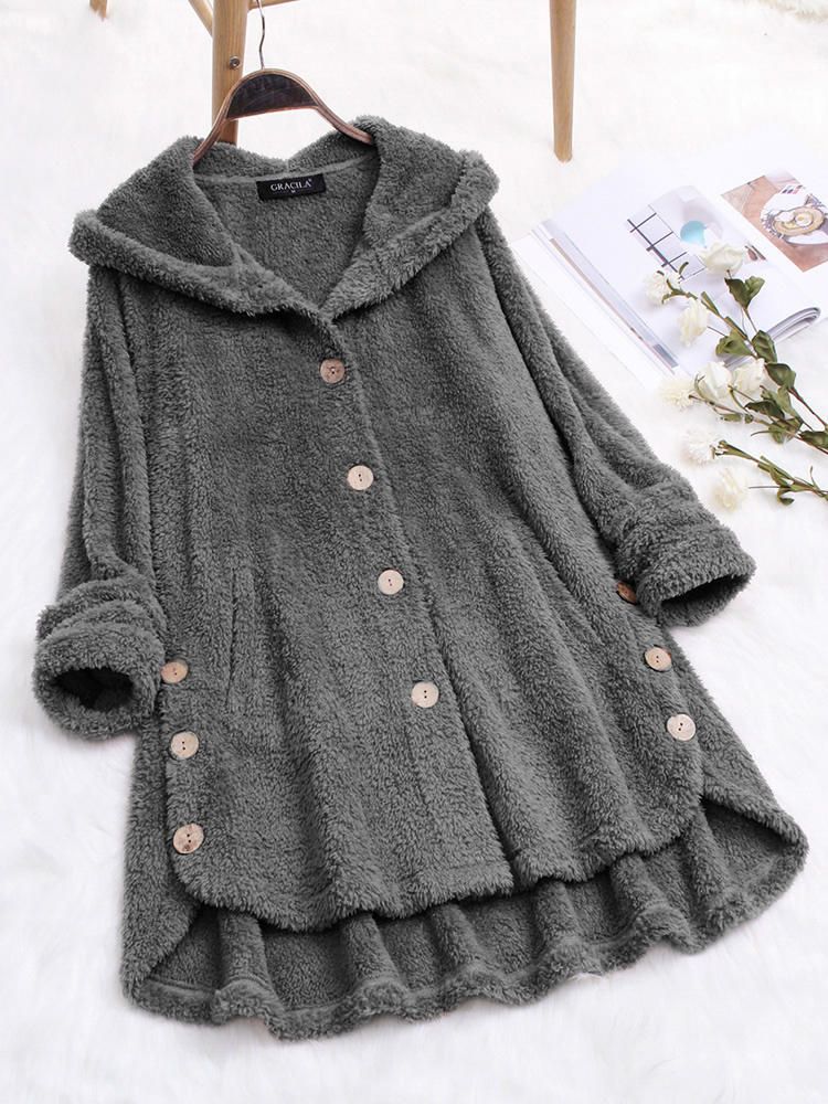 Plus Size Pure Color Hooded Fleece Coats With Button For Women Kadin Kiyafetleri Kadin Paltolari Moda Stilleri
