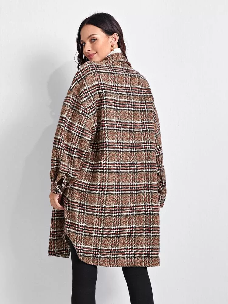 SHEIN Single Breasted Flap Pocket Houndstooth Tweed Coat Without Belt | SHEIN USA Tweed Coat, Fur Coat, Women Overcoat, Overcoats, Houndstooth, Single Breasted, Fashion News, Outerwear, High Neck Dress