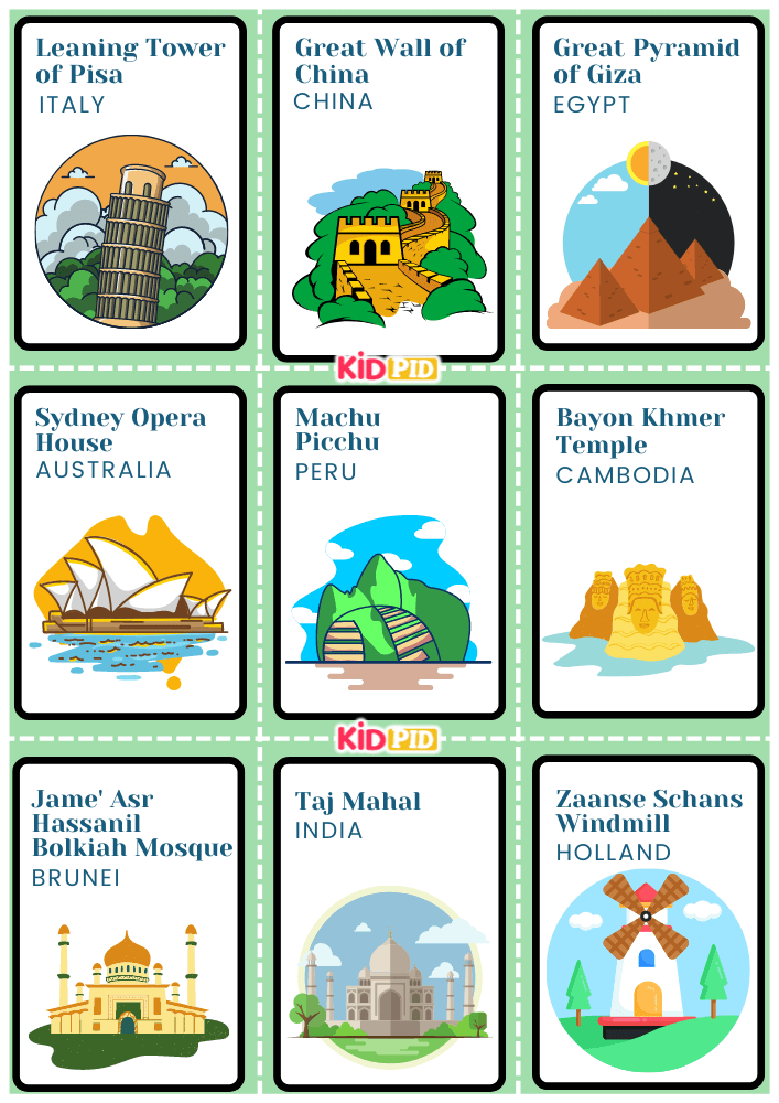 World Landmarks Handdrawn Flashcard Sheets