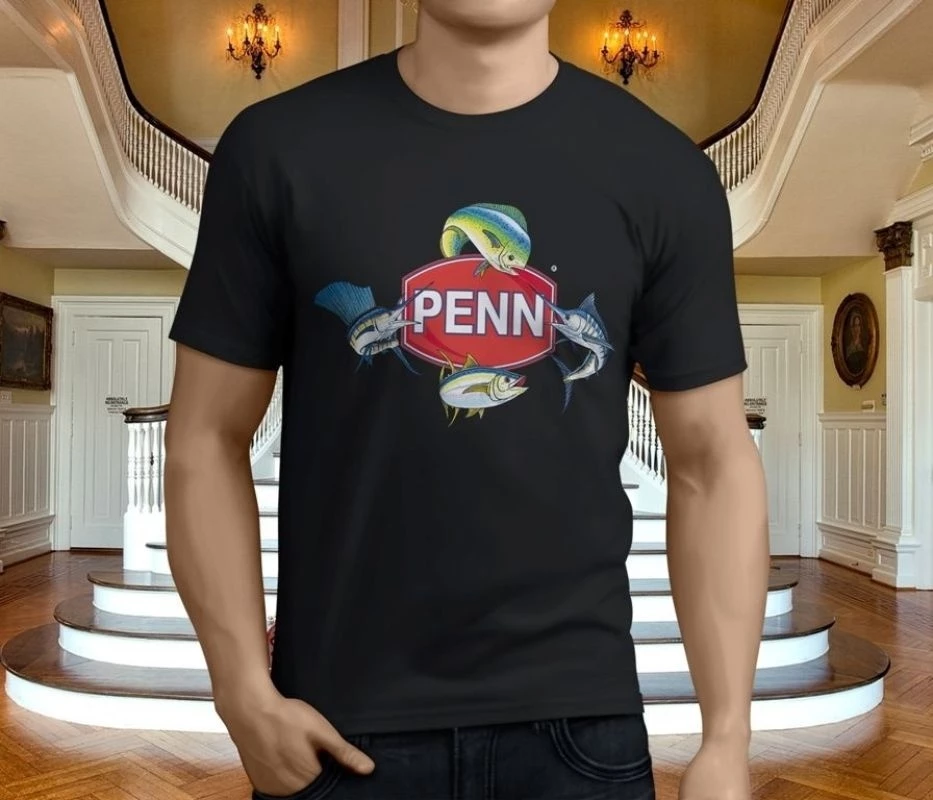 PENN Four Fish Logo Fishing Reels Men/'s Black T-Shirt Size S to 3XL