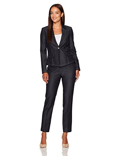 Tahari by Arthur S. Levine Women's Petite Size Denim One Button Pant Suit with Flap Pockets