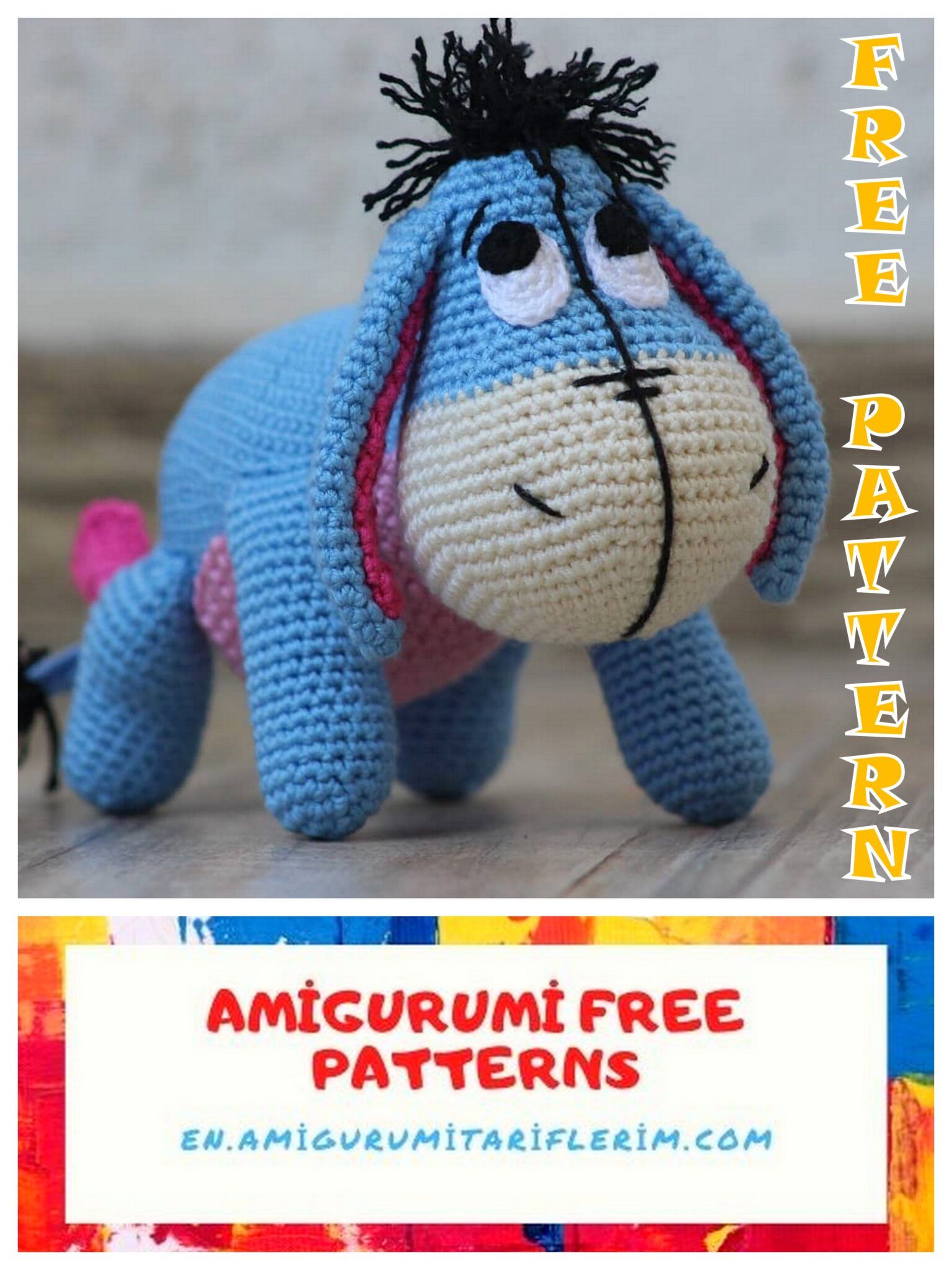 Donkey Eeyore Amigurumi Free Crochet Pattern - En.amigurumitariflerim.com Amigurumi Free Pattern, Crochet Patterns Amigurumi, Crochet Dolls, Free Crochet Pattern, Crochet Animals Free Patterns, Animal Knitting Patterns, Stuffed Animal Patterns, Eeyore, Pooh Bebe