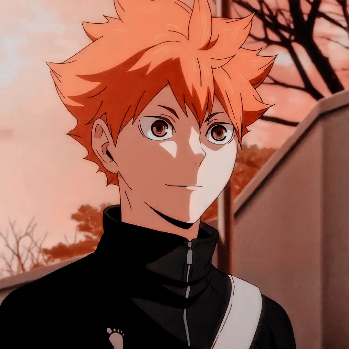 an anime character with orange hair and black clothes looking at the