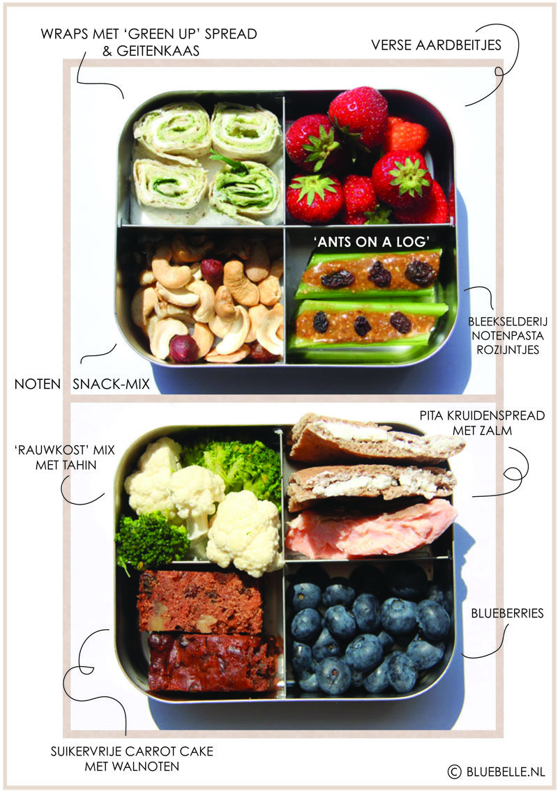 green up your kids lunch boxes bluebelle style! 01: wraps with 'avocado-broccoli-basil-goatcheese' spread, fresh strawberries, nut snack mix & 'ants on a log'. 02: veggies with tahin dressing, pita bread (whole wheat) with fresh homemade herb yoghurt /cream cheese & salmon, sugarfree carot cake with walnuts & blueberries! ENJOY. www.bluebelle.nl Strawberry Bread, Strawberry Desserts, Nut Snacks, Vegan Snacks, Yummy Eats, Good Eats, 400 Calorie Lunches, Kids Lunchbox, Lunchbox Ideas