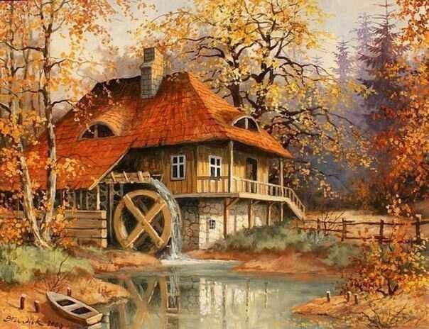 Water Mill Manzara Resim Soyut Yagliboya Water Mill Manzara Resim Soyut Yagliboya
