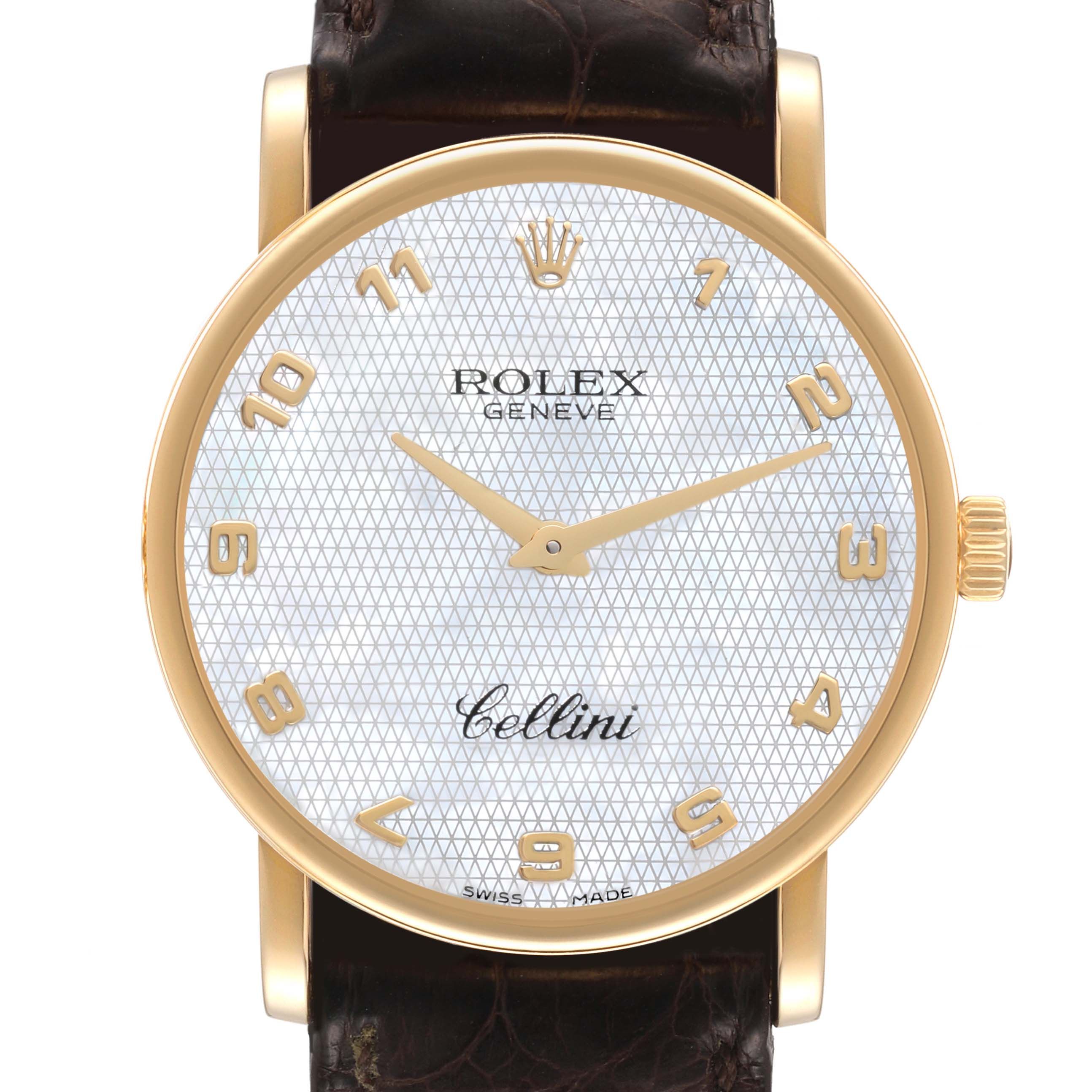 Rolex Cellini Classic Yellow Gold Mother of Pearl Brown Strap Mens Watch 5115. Manual winding movement. 18K yellow gold slim case 31.8 x 5.5 mm in diameter. Rolex logo on a crown. . Scratch resistant sapphire crystal. Flat profile. Textured mother of pearl dial with raised gold arabic numerals. Custom brown leather strap with Rolex 18K yellow gold tang type buckle. Brown Leather Strap, Leather Straps, Rolex Cellini, Rolex Logo, Luxury Timepieces, Rolex Datejust, Watches Online, Slim Case, Mother Of Pearl