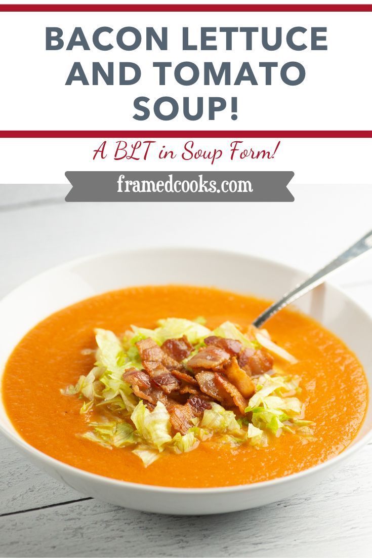 This fun recipe for bacon lettuce and tomato soup takes the BLT sandwich and lightens it into a warm and wonderful soup! Mushroom Soup Recipes, Lentil Soup Recipes, Tomato Soup Recipes, Easy Soup Recipes, Easy Soups, Cooking Recipes, Fennel Soup, Butternut Soup, Easy Weeknight Meals