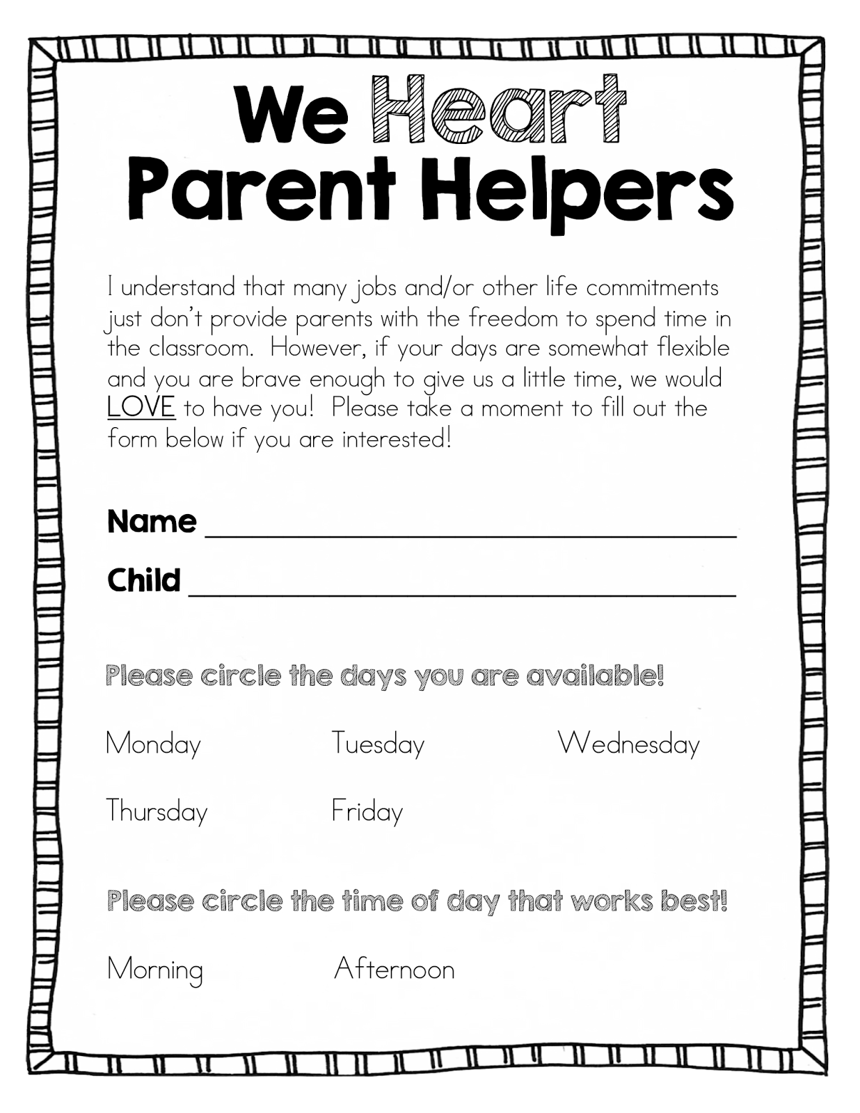 parent volunteer sign up sheet